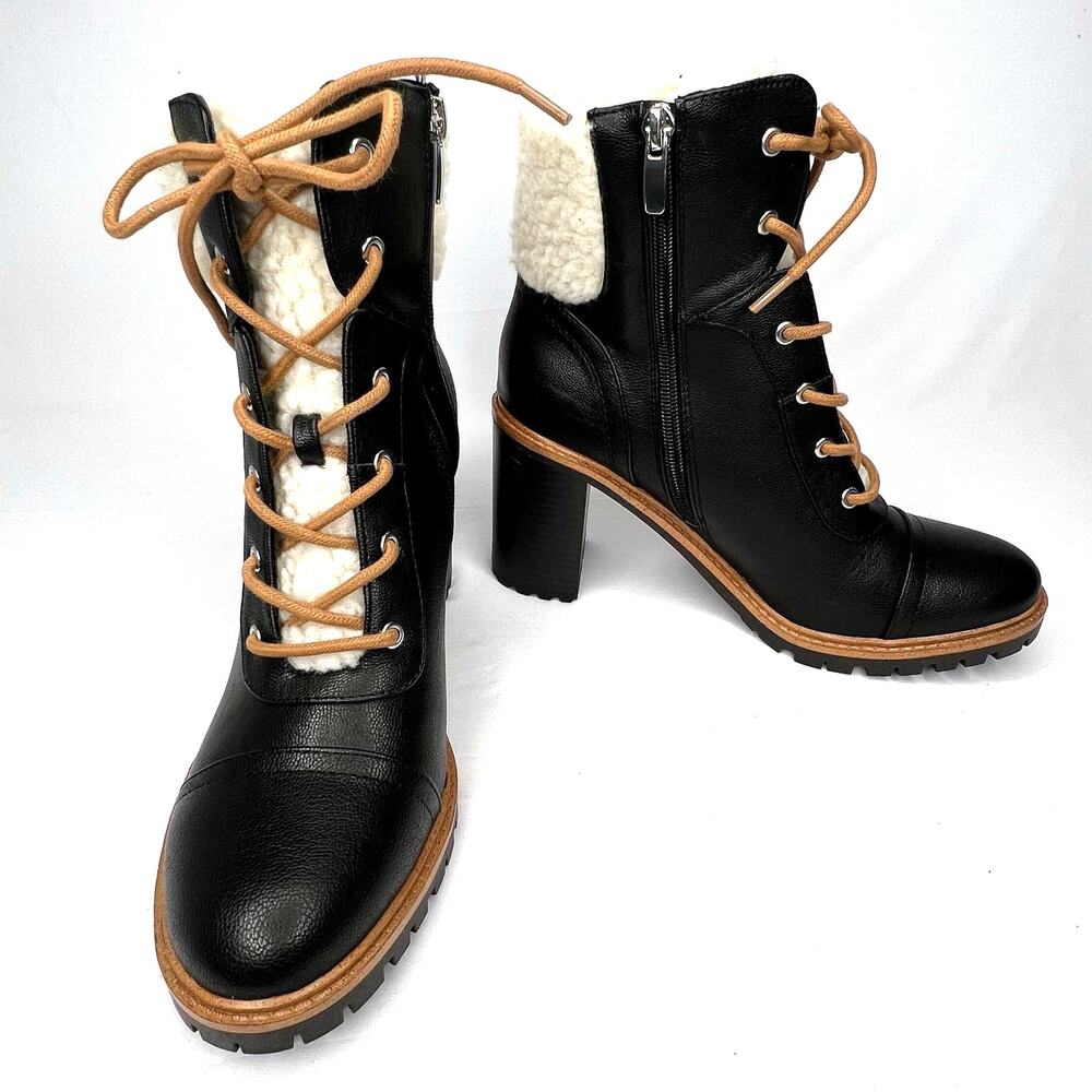 Nine West Penni3 Women's 9M Black Combat Ankle Boot Lace Up Zipper Block Heel